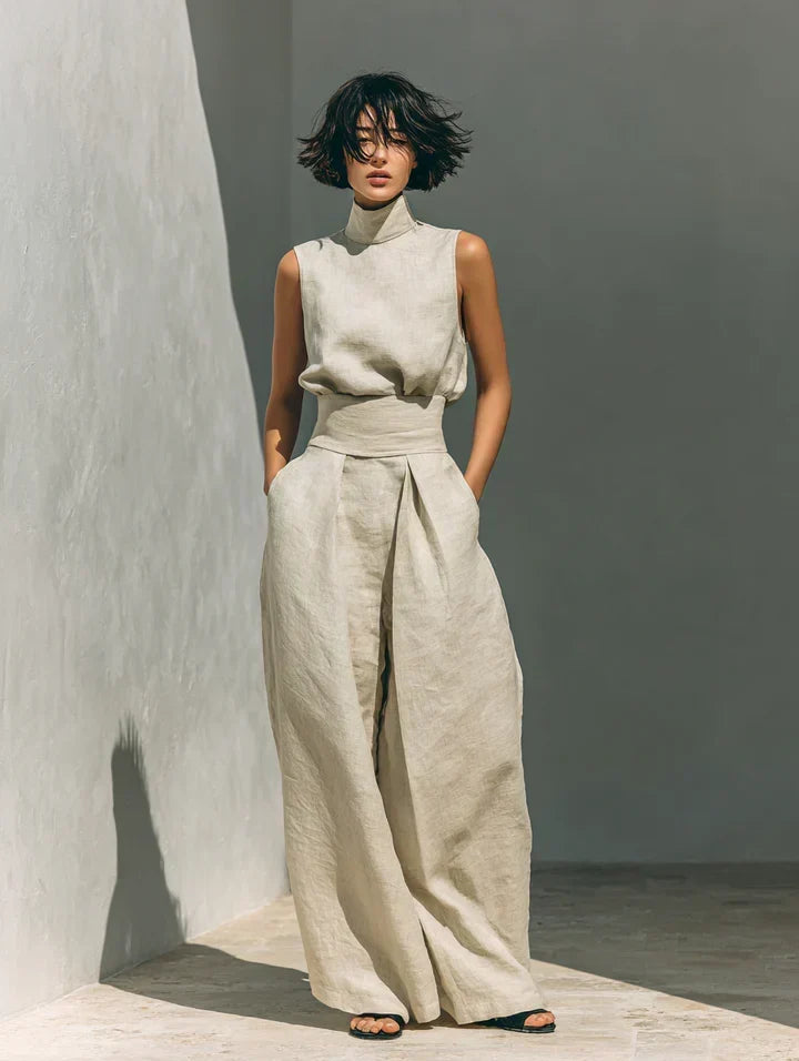 MAISON CHÉRIE | Fernanda | Conjunto Minimalista de Top y Pantalón de Pierna Ancha en Algodón y Lino para Mujer