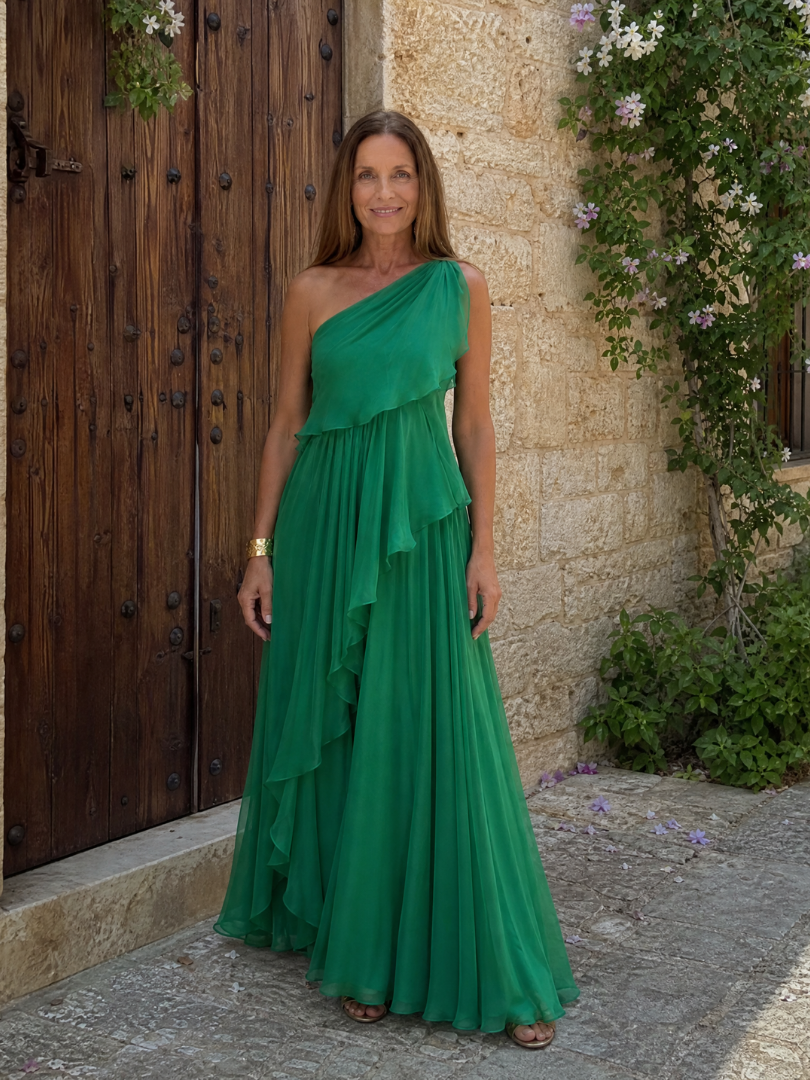 MAISON CHÉRIE | Vestido maxi asimétrico para mujer con volantes