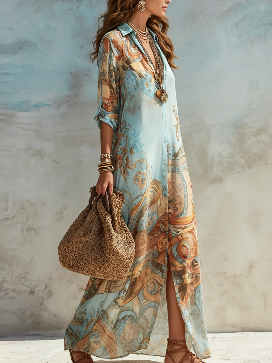 MAISON CHÉRIE | Vestido camisero largo para mujer con estampado artístico bohemio