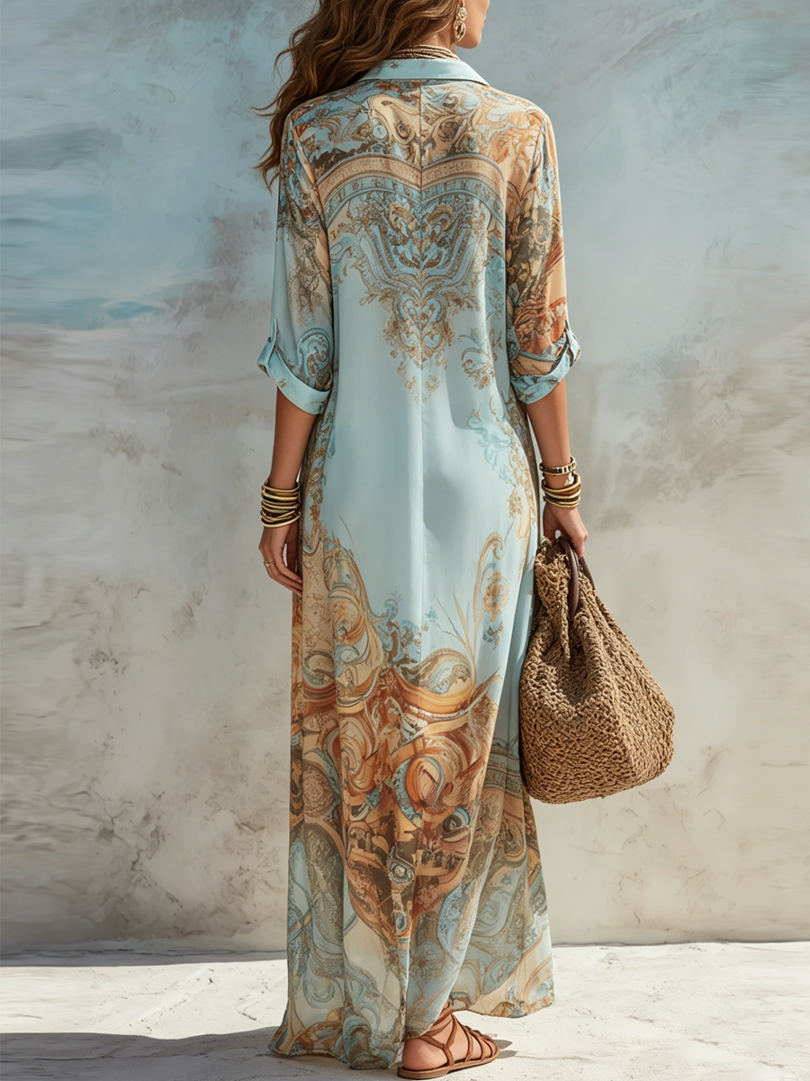 MAISON CHÉRIE | Vestido camisero largo para mujer con estampado artístico bohemio