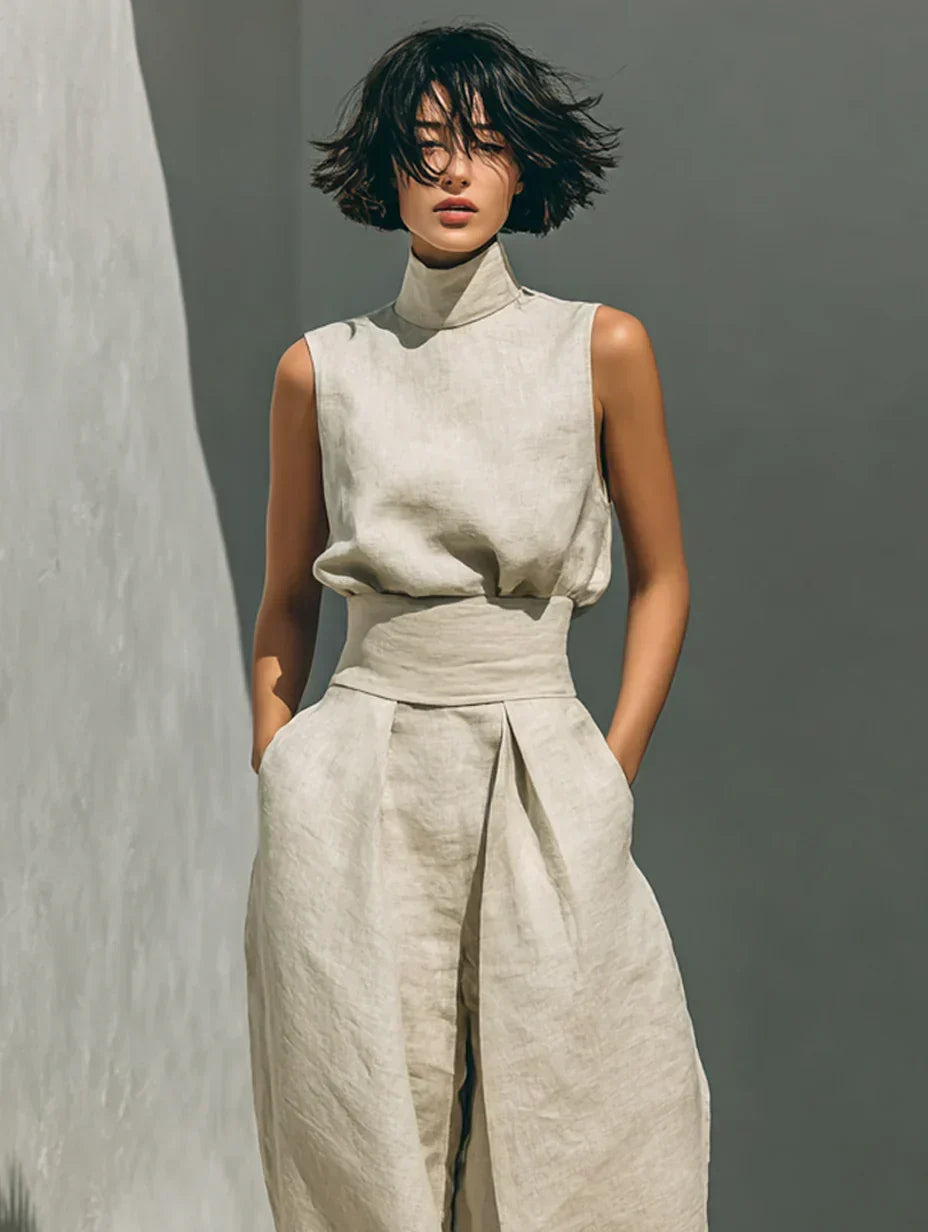 MAISON CHÉRIE | Fernanda | Conjunto Minimalista de Top y Pantalón de Pierna Ancha en Algodón y Lino para Mujer
