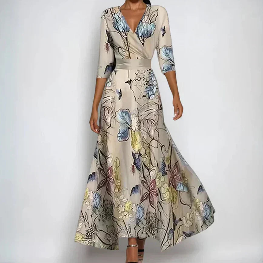 Vestido Inès | Largo Floral con Escote en V y Ajuste Envolvente