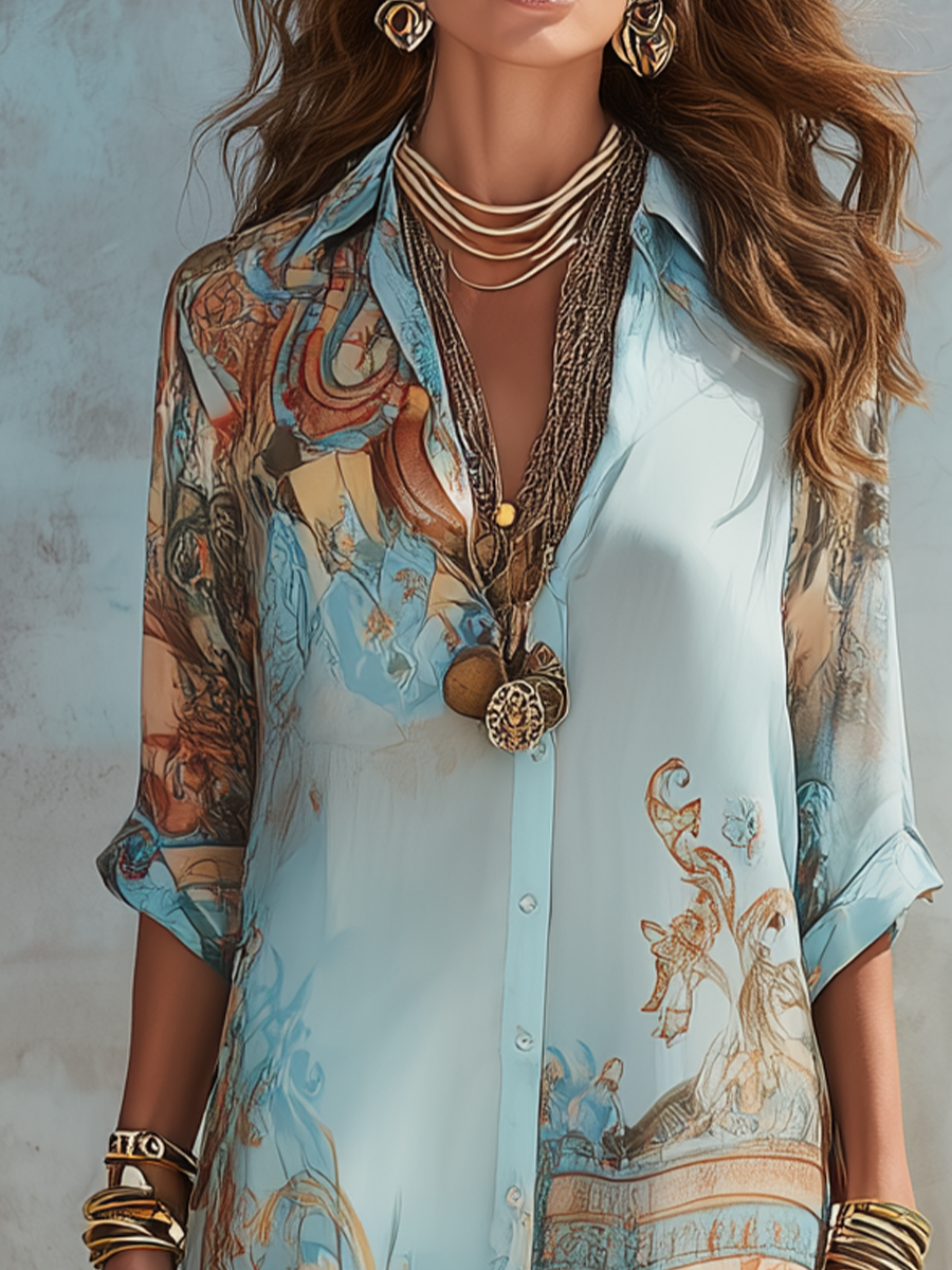 MAISON CHÉRIE | Vestido camisero largo para mujer con estampado artístico bohemio