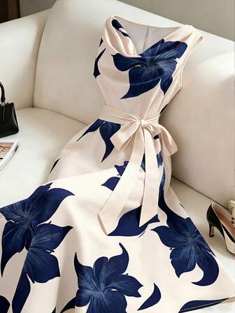 MAISON CHÉRIE | Vestido midi floral para mujer sin mangas con cintura atada