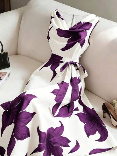 MAISON CHÉRIE | Vestido midi floral para mujer sin mangas con cintura atada