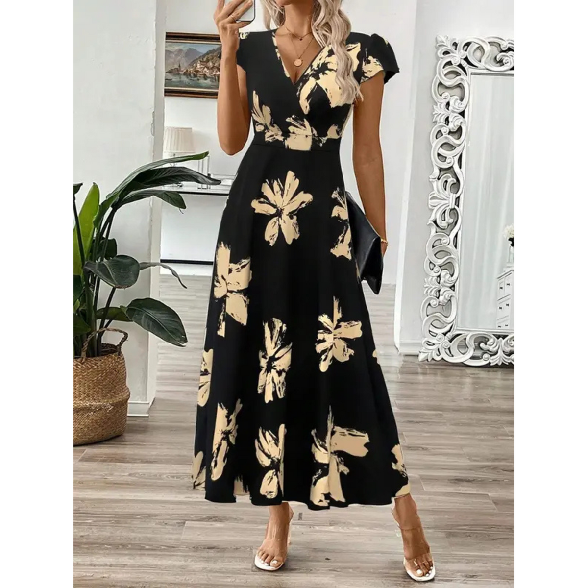 MAISON CHÉRIE | Vestido maxi mujer flores negro beige elegante fluido