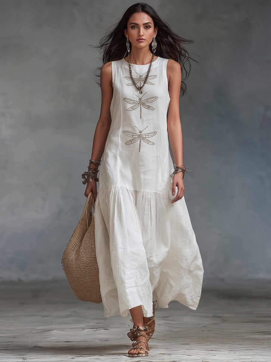 MAISON CHÉRIE | Vestido largo de algodón y lino con bordado de libélulas