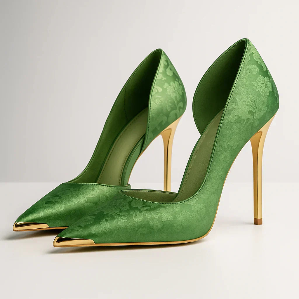 MAISON CHÉRIE | Tacones Mujer De Satén Con Punta Dorada – Zapatos Elegantes Para Eventos