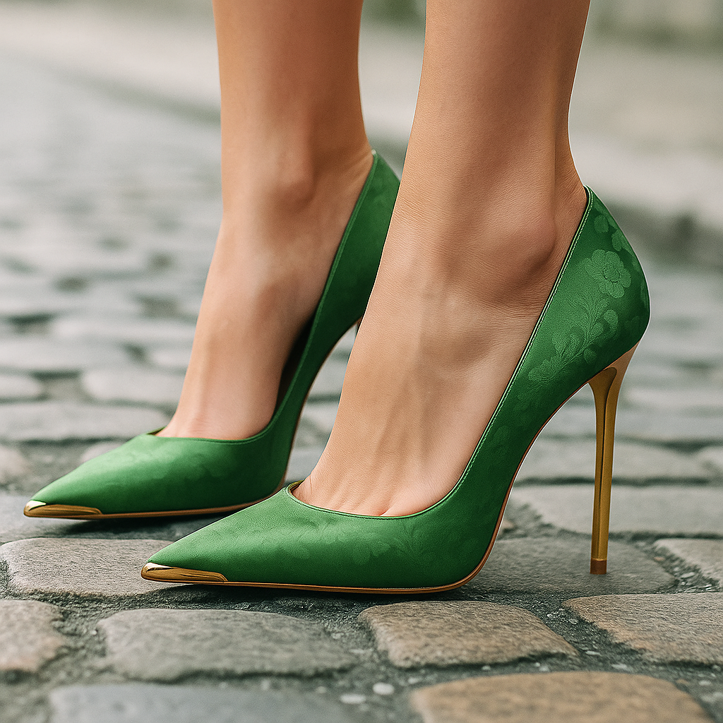 MAISON CHÉRIE | Tacones Mujer De Satén Con Punta Dorada – Zapatos Elegantes Para Eventos