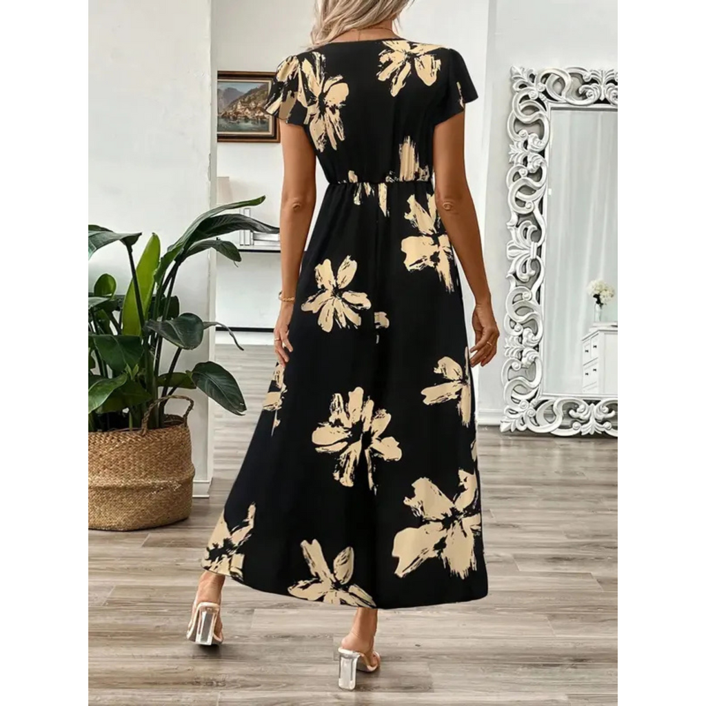 MAISON CHÉRIE | Vestido maxi mujer flores negro beige elegante fluido