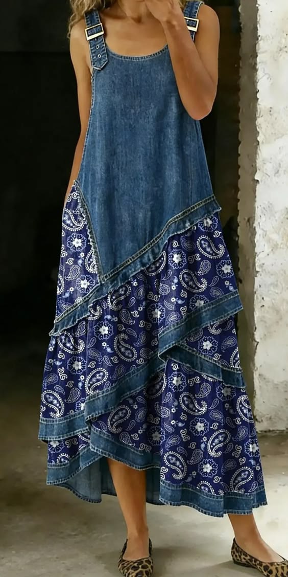 MAISON CHÉRIE | Vestido bohemio mujer con patchwork denim y estampado floral