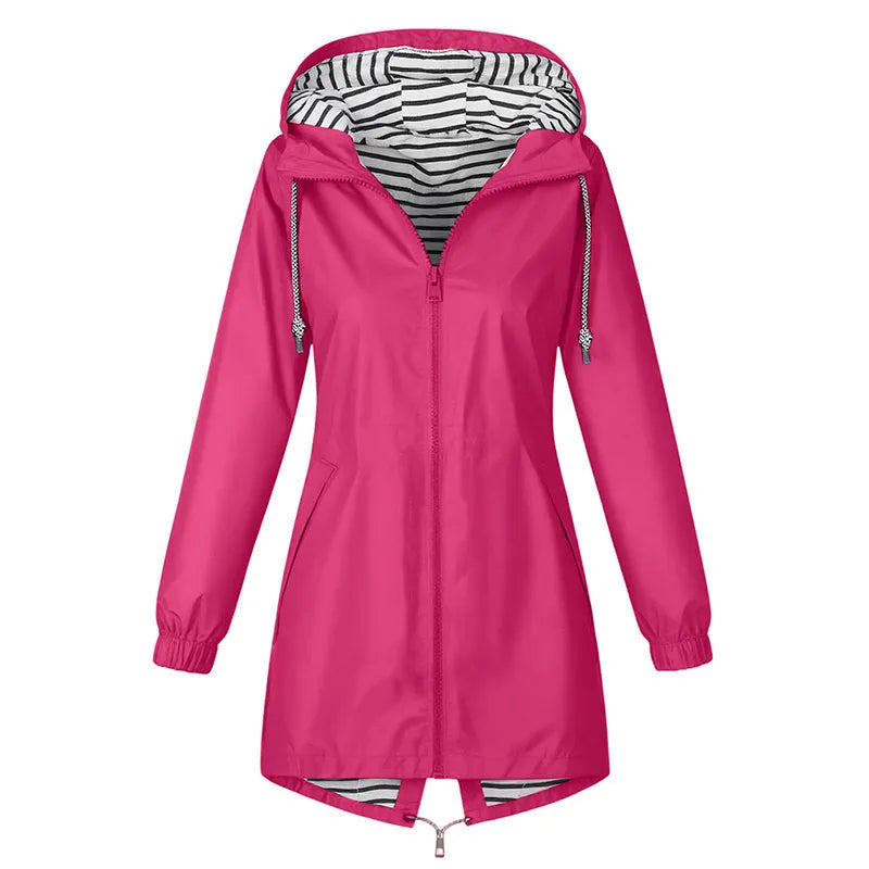 MAISON CHÉRIE | Impermeable largo con capucha y forro a rayas para mujer casual