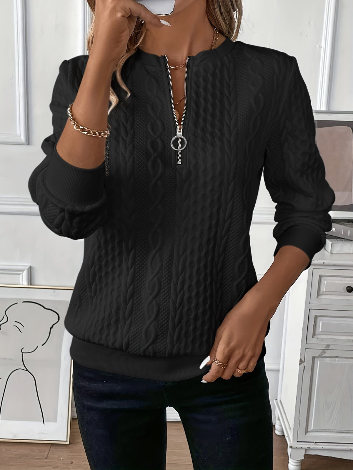MAISON CHÉRIE | Suéter Mujer De Punto Trenzado Con Cremallera – Jersey Cálido Y Casual