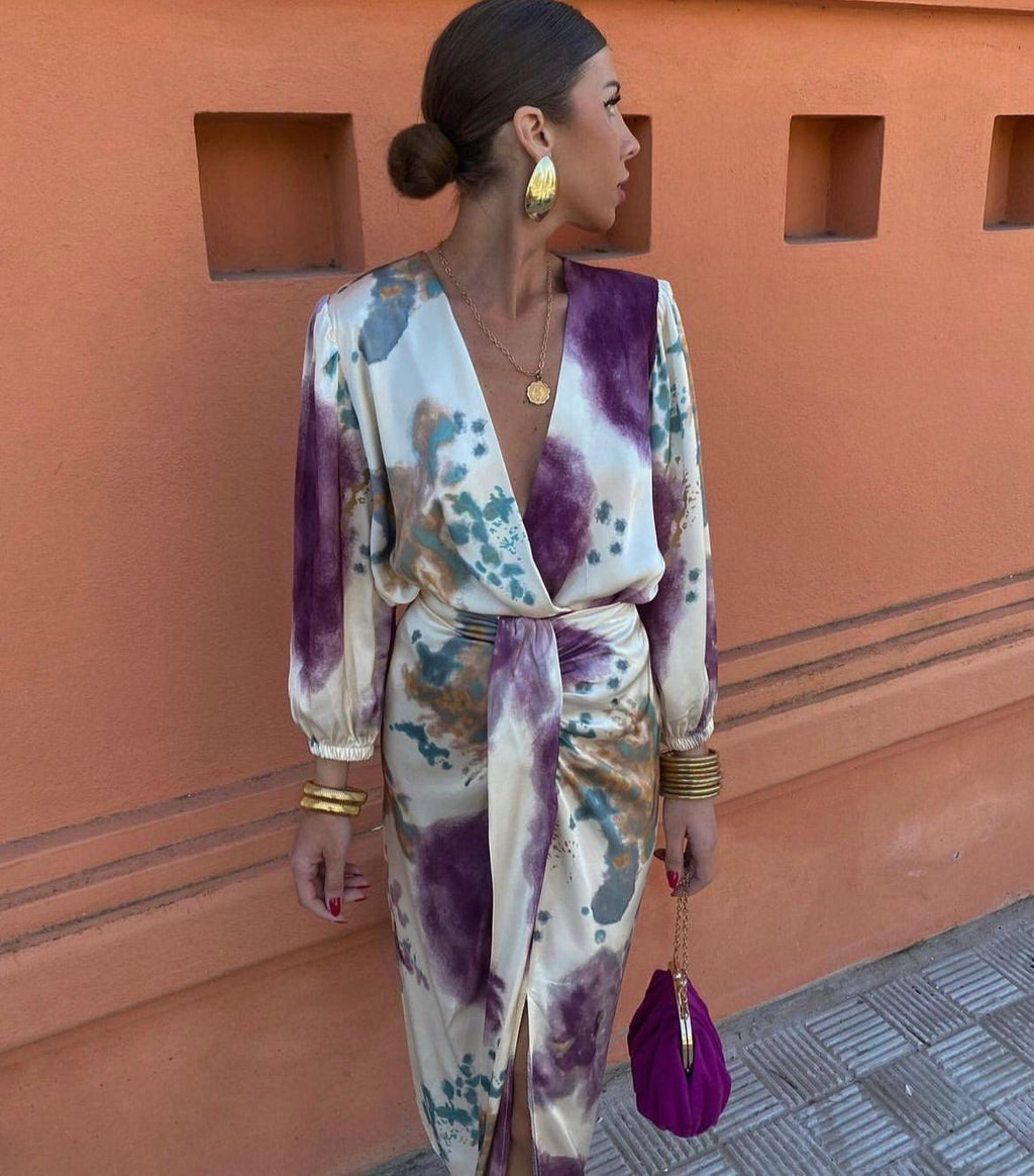 MAISON CHÉRIE | Vestido mujer elegante escote V – vestido midi fluido con cinturón