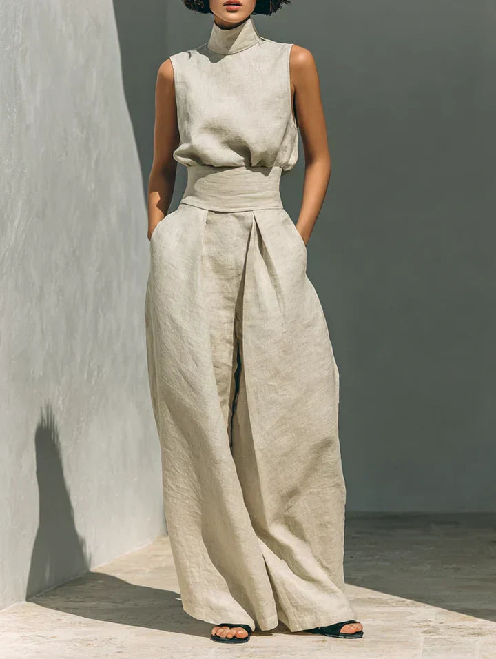 MAISON CHÉRIE | Fernanda | Conjunto Minimalista de Top y Pantalón de Pierna Ancha en Algodón y Lino para Mujer