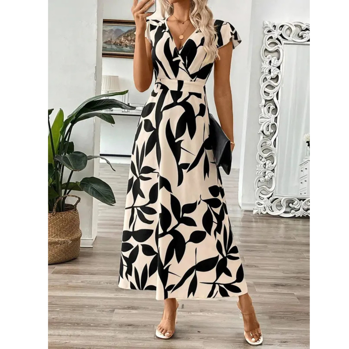 Vestido Margaux | Maxi Floral Negro y Beige Fluido