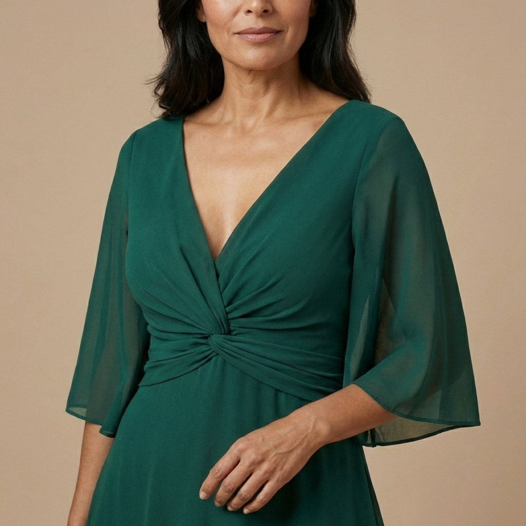 MAISON CHÉRIE | Vestido Largo Mujer Elegante Fluido – Escote V y Detalle Fruncido
