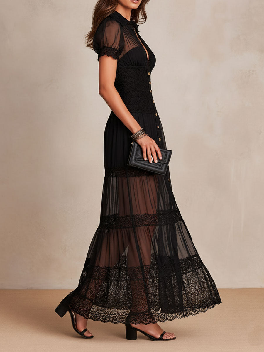 MAISON CHÉRIE | Vestido maxi mujer negro con encaje, botones y paneles transparentes