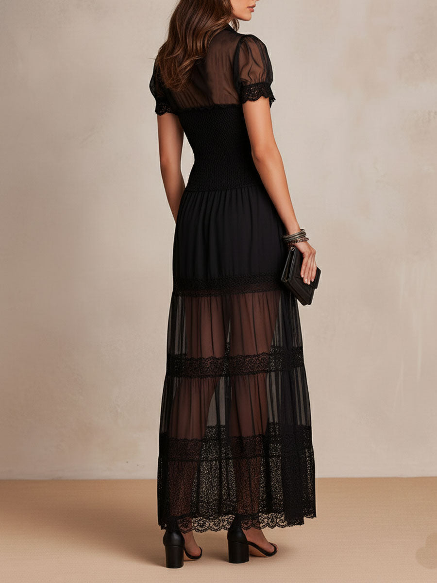 MAISON CHÉRIE | Vestido maxi mujer negro con encaje, botones y paneles transparentes