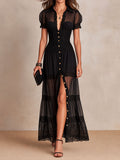 MAISON CHÉRIE | Vestido maxi mujer negro con encaje, botones y paneles transparentes