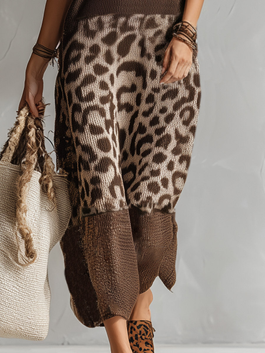 MAISON CHÉRIE | Vestido largo mujer punto sin mangas estampado leopardo cuello alto