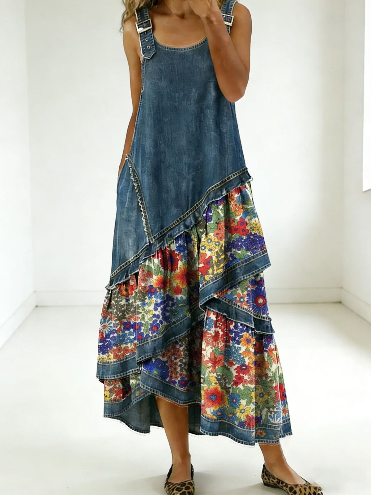 MAISON CHÉRIE | Vestido bohemio mujer con patchwork denim y estampado floral