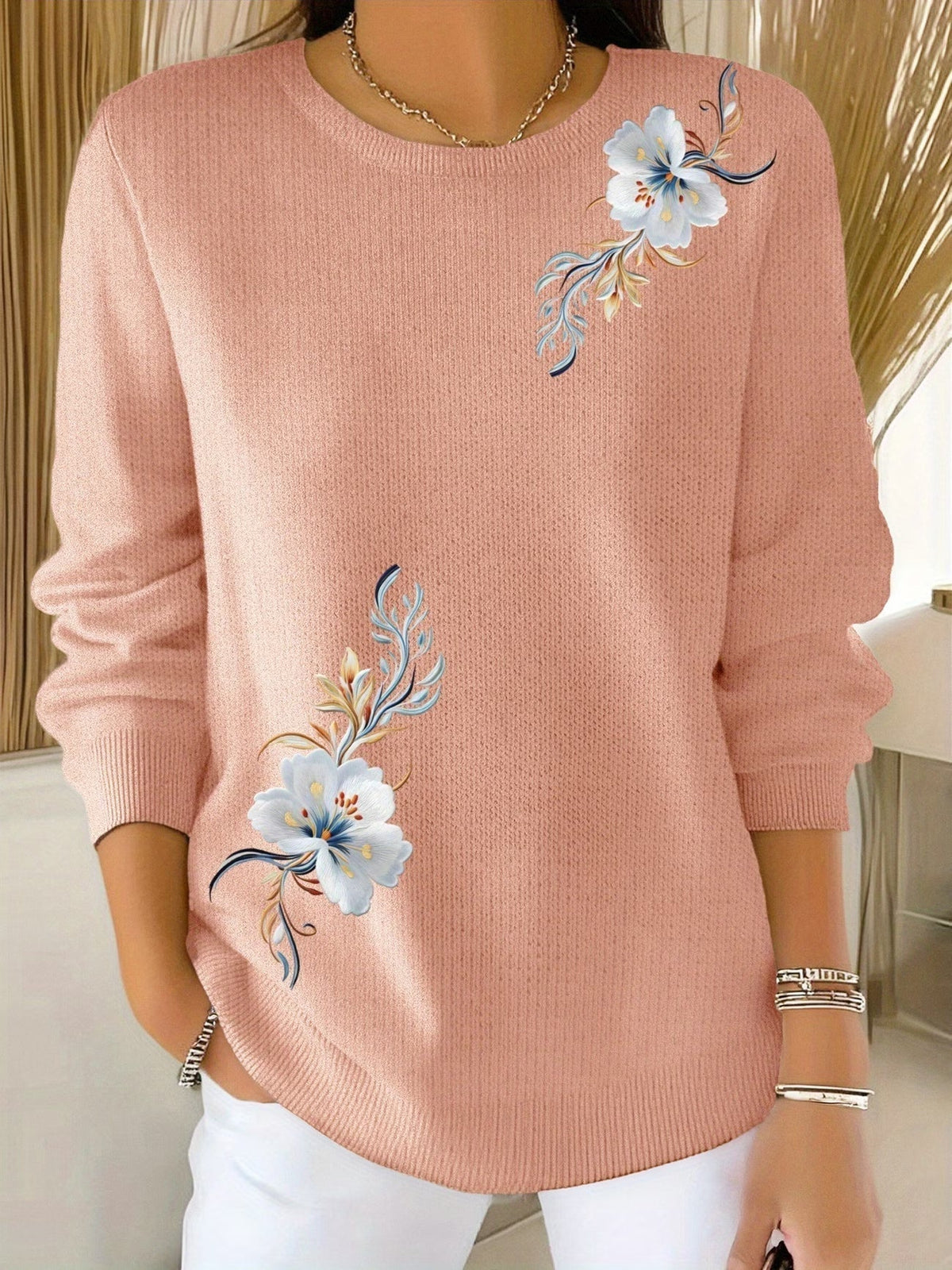 MAISON CHÉRIE | Suéter de mujer con flores estampadas y cuello redondo casual