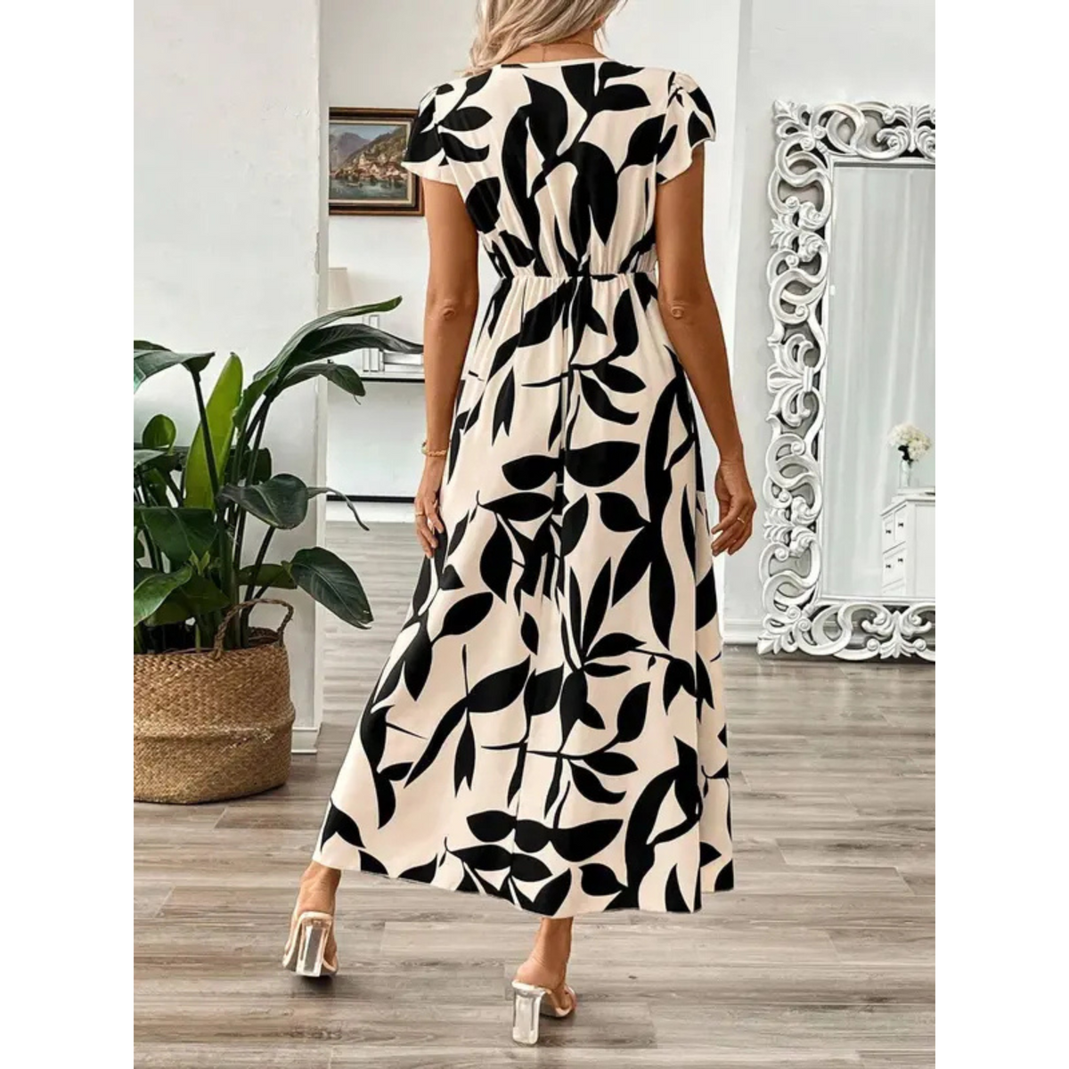 MAISON CHÉRIE | Vestido maxi mujer flores negro beige elegante fluido