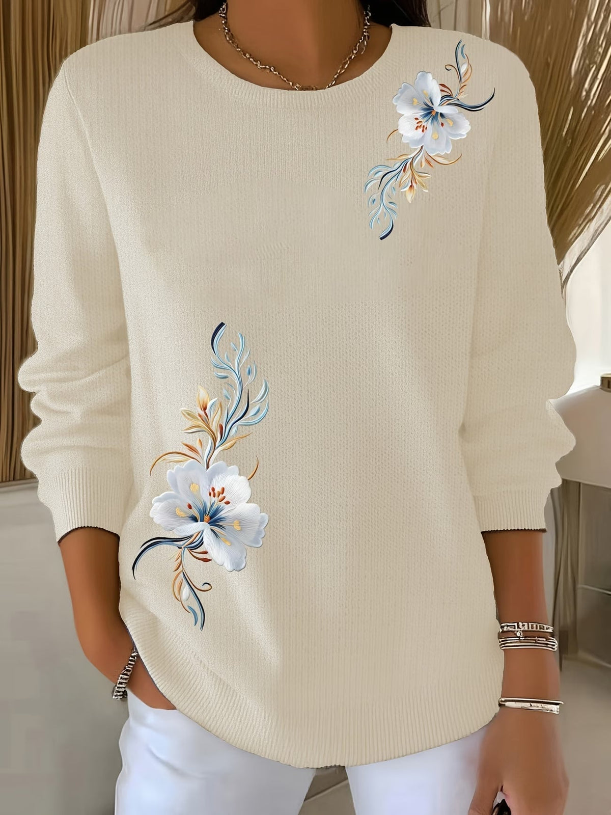 MAISON CHÉRIE | Suéter de mujer con flores estampadas y cuello redondo casual