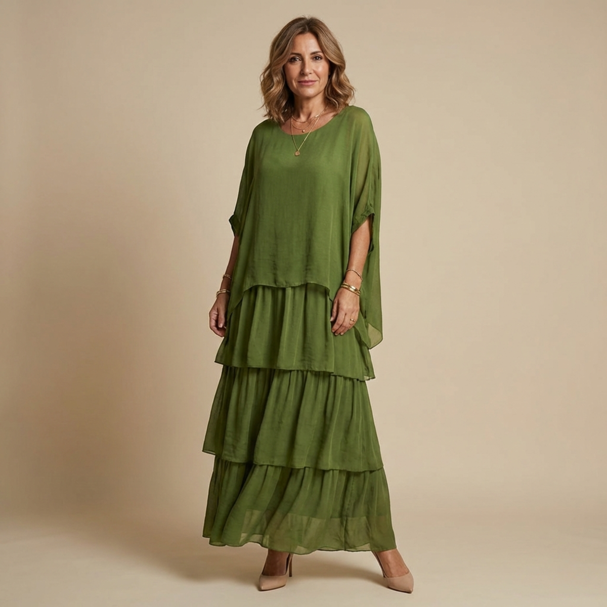 MAISON CHÉRIE | Vestido Largo Mujer Corte Amplio Elegante – Diseño Fluido en Capas y Manga Suelta