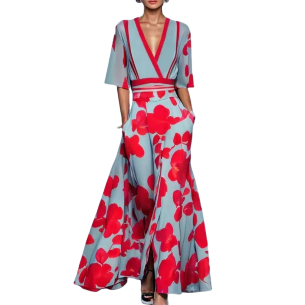 MAISON CHÉRIE | Vestido Largo Mujer Floral Elegante – Escote V y Cintura Ajustable