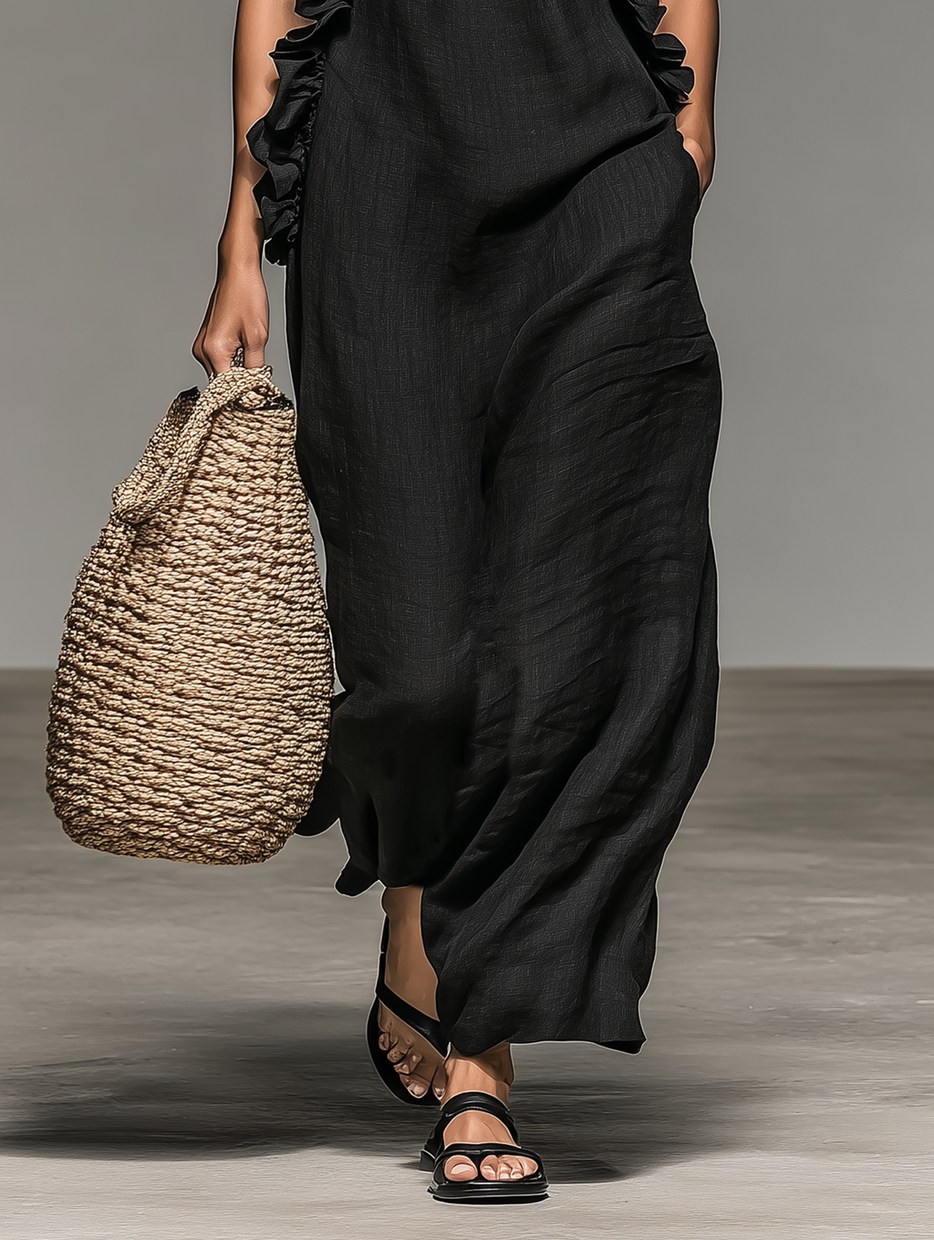 MAISON CHÉRIE | Vestido maxi mujer sin mangas con volantes y bolsillos