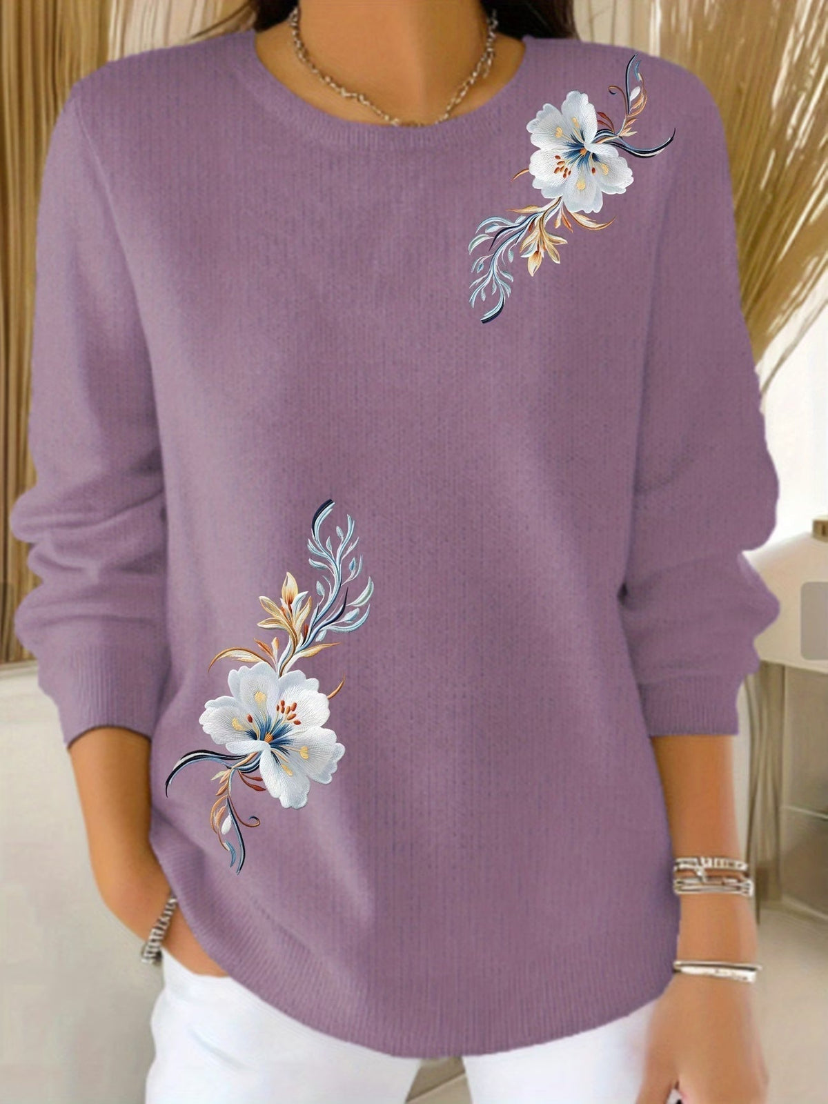 MAISON CHÉRIE | Suéter de mujer con flores estampadas y cuello redondo casual