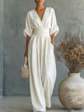 Mono mujer elegante escote V – mono pantalón ancho cintura alta