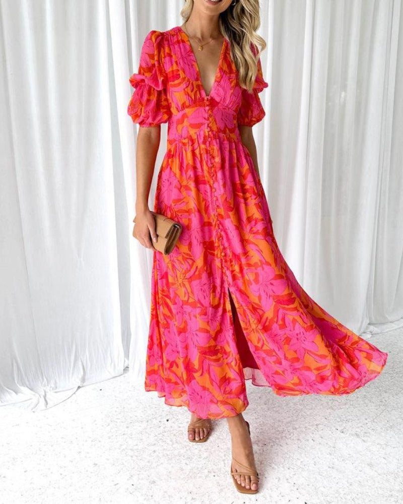 MAISON CHÉRIE | Vestido largo mujer floral escote V – vestido fluido elegante verano