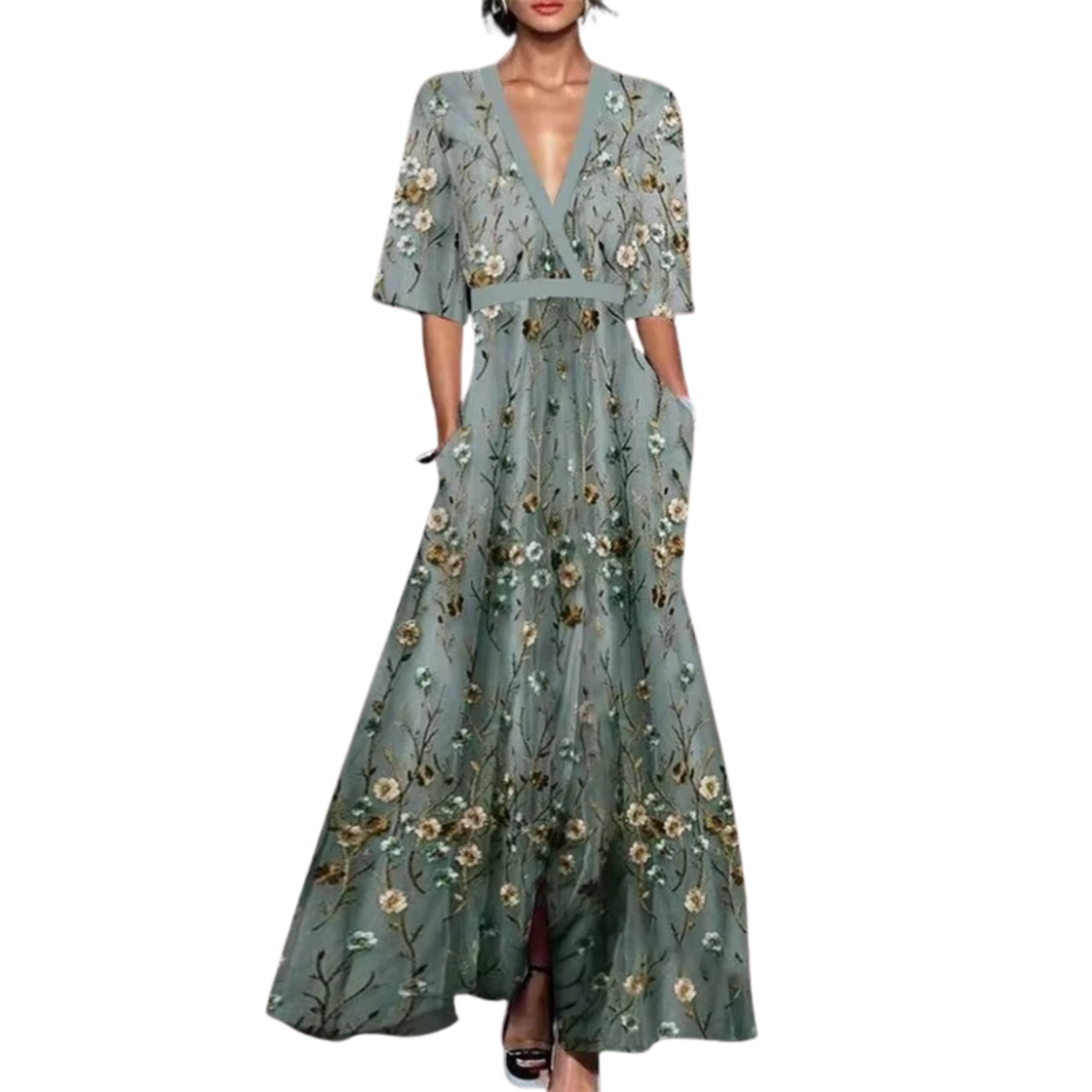 Vestido Colette | Largo Floral con Escote en V y Cintura Ajustable
