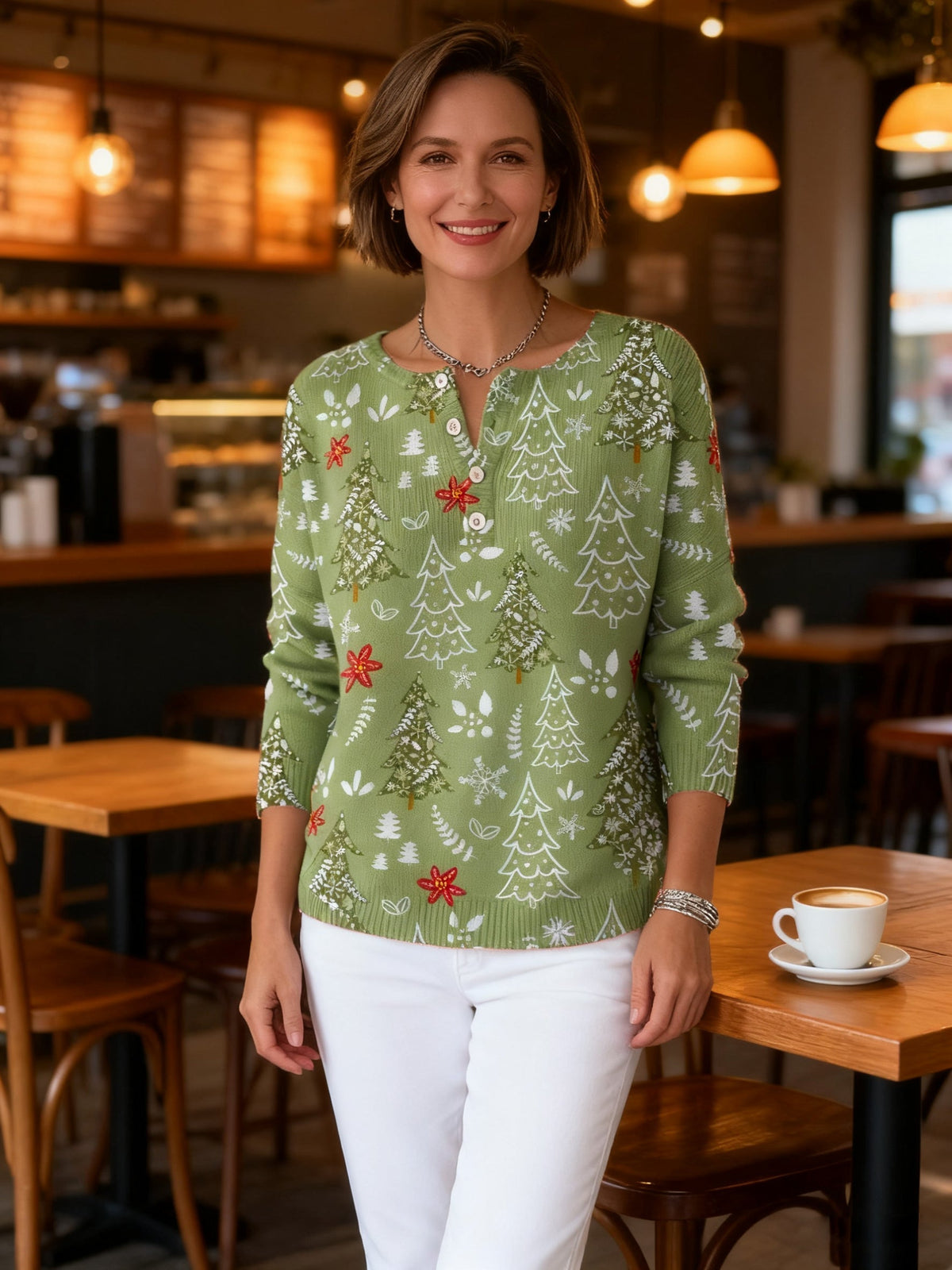 MAISON CHÉRIE | Suéter Mujer Navideño Con Botones Y Estampado Festivo – Jersey Invierno