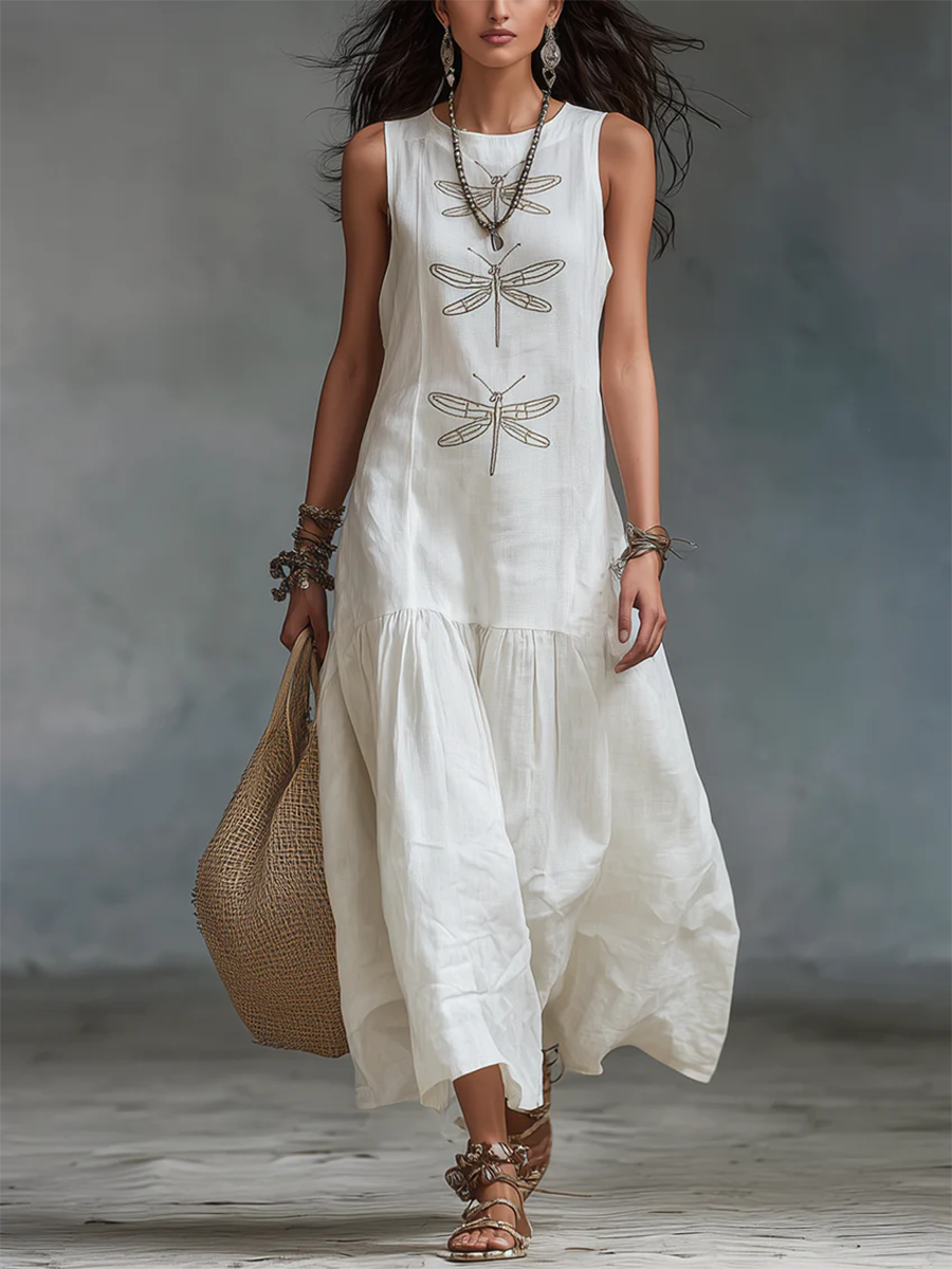MAISON CHÉRIE | Vestido largo de algodón y lino con bordado de libélulas