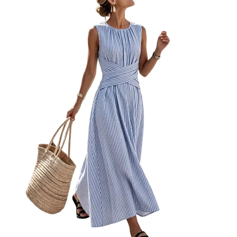 MAISON CHÉRIE | Vestido maxi mujer sin mangas a rayas con cintura cruzada