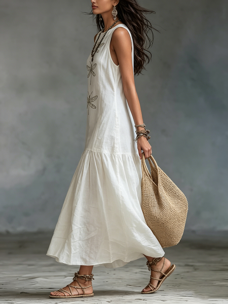 MAISON CHÉRIE | Vestido largo de algodón y lino con bordado de libélulas