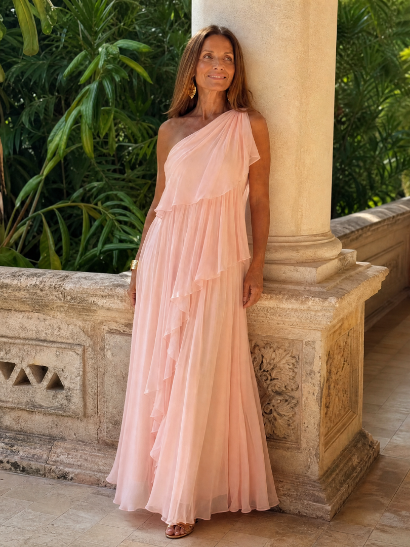 MAISON CHÉRIE | Vestido maxi asimétrico para mujer con volantes