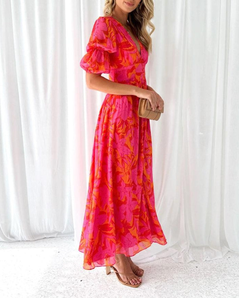 MAISON CHÉRIE | Vestido largo mujer floral escote V – vestido fluido elegante verano