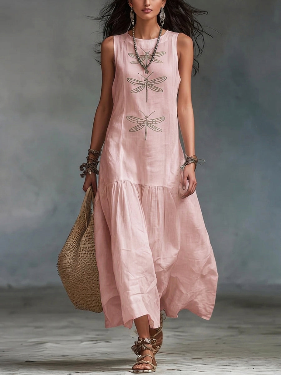 MAISON CHÉRIE | Vestido largo de algodón y lino con bordado de libélulas