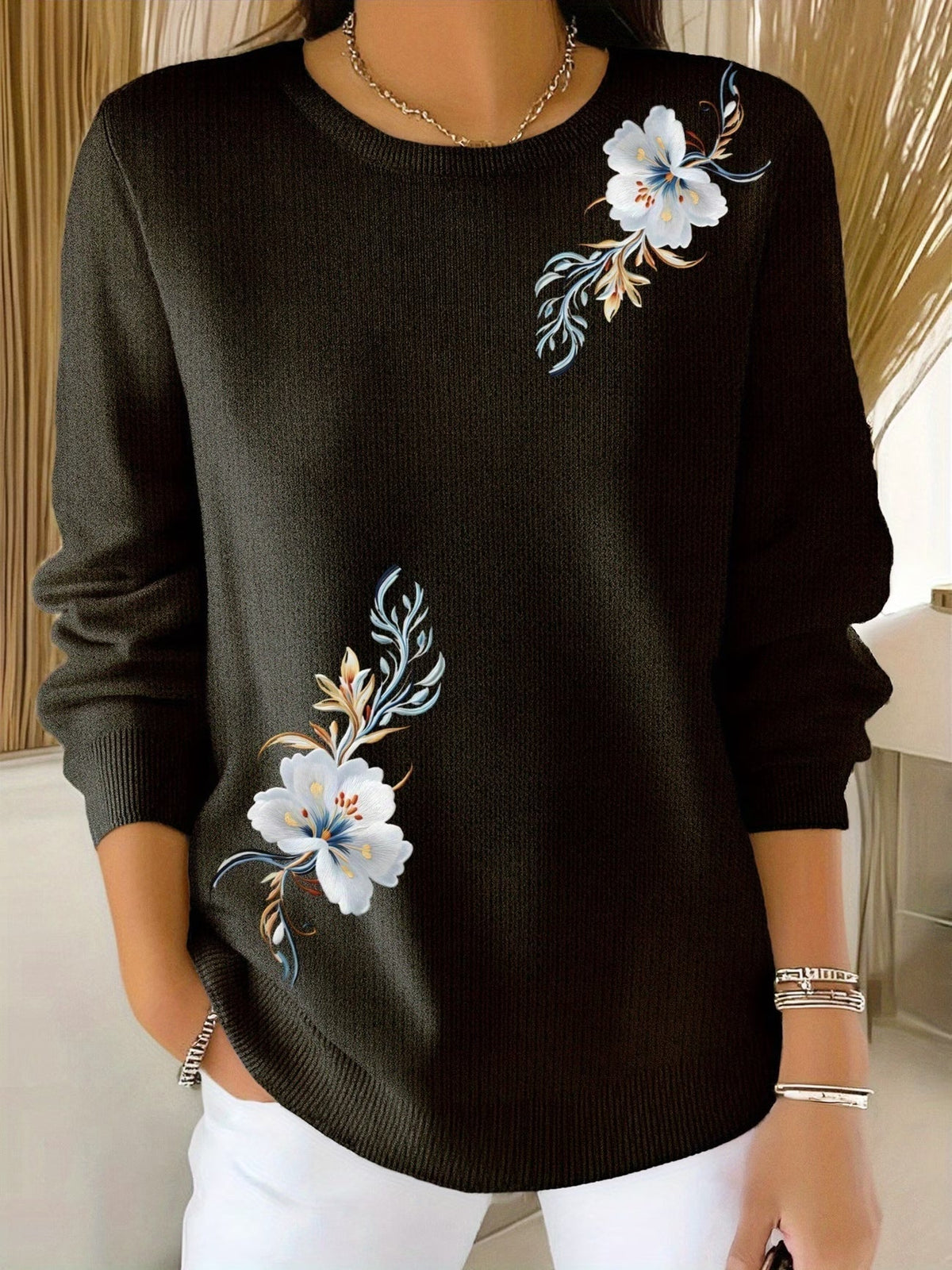 MAISON CHÉRIE | Suéter de mujer con flores estampadas y cuello redondo casual
