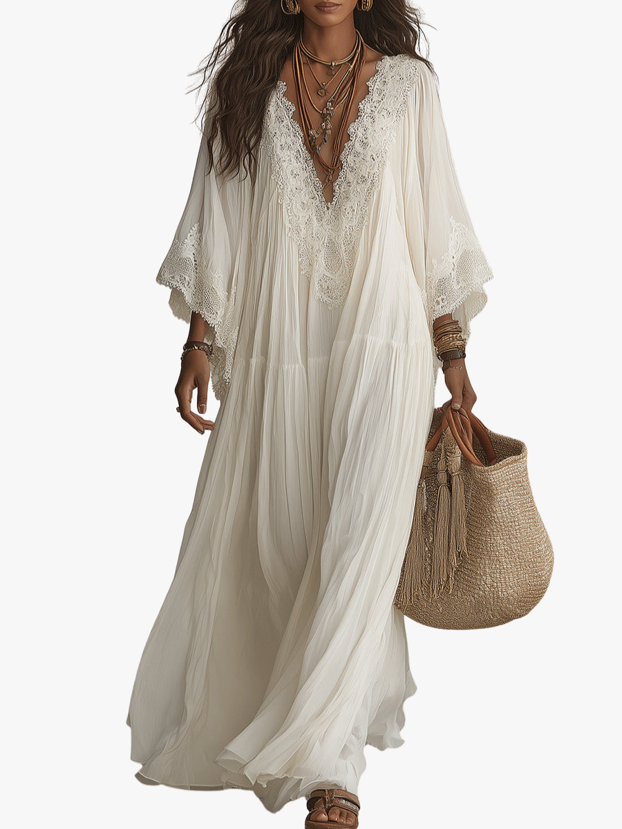 MAISON CHÉRIE | Vestido maxi de mujer con encaje y escote en V bohemio fluido
