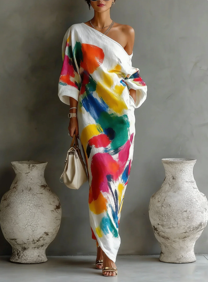 MAISON CHÉRIE | Vestido mujer asimétrico con estampado artístico colorido