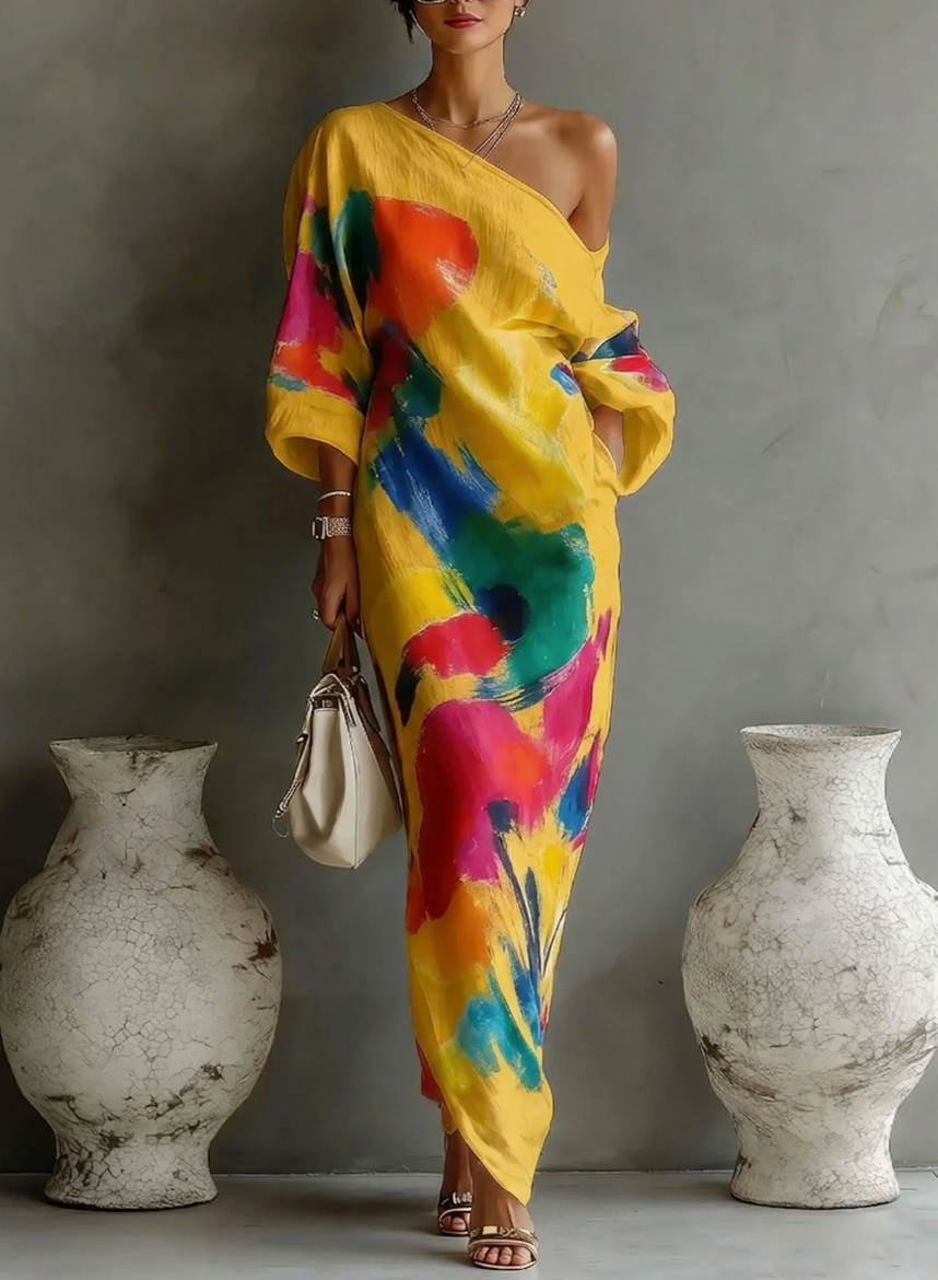 Vestido Clara | Asimétrico con estampado artístico colorido