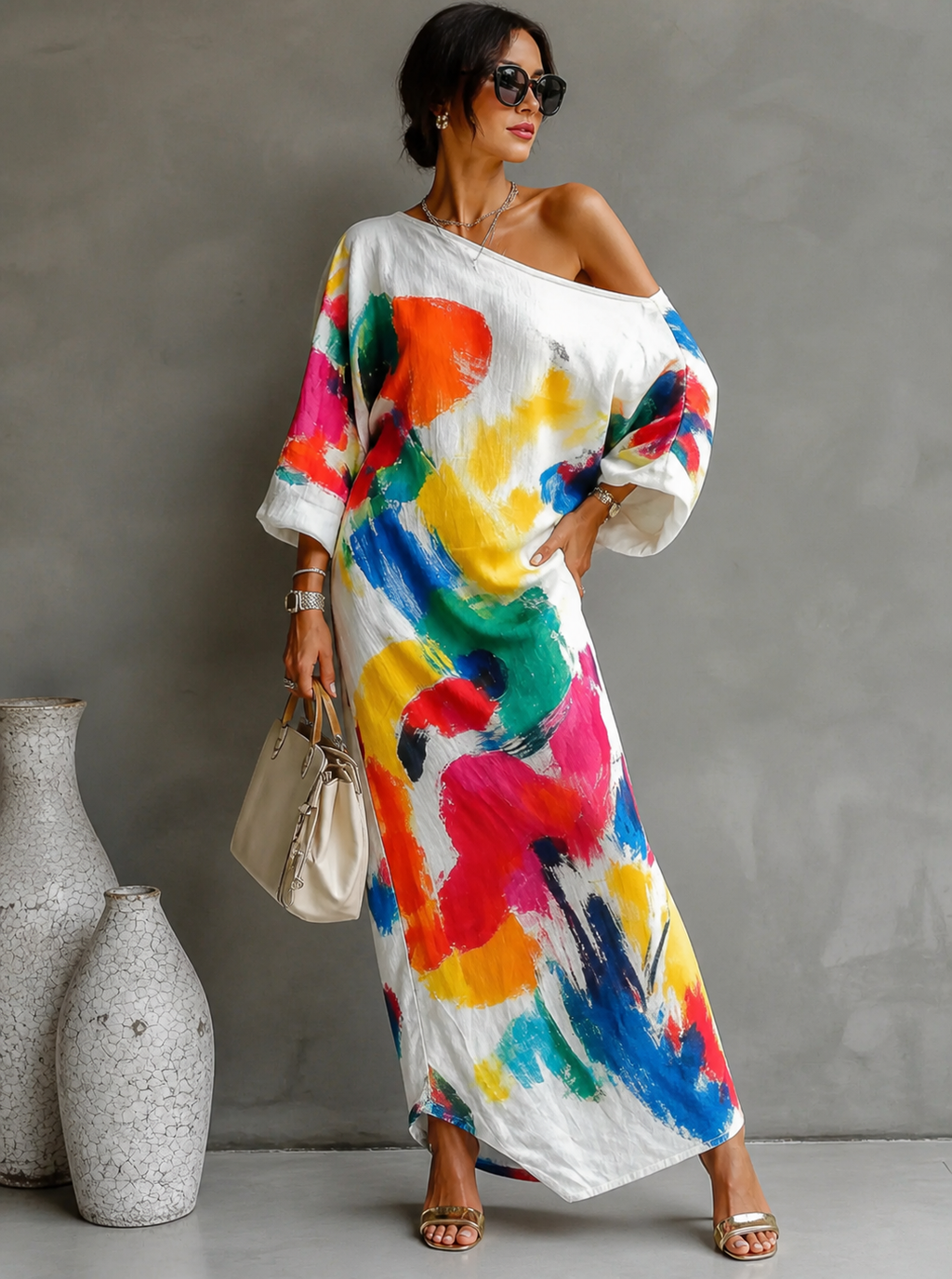MAISON CHÉRIE | Vestido mujer asimétrico con estampado artístico colorido