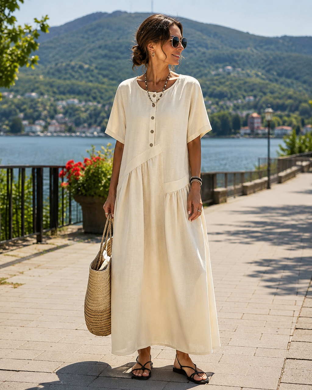 MAISON CHÉRIE | Vestido maxi mujer con botones efecto algodón-lino