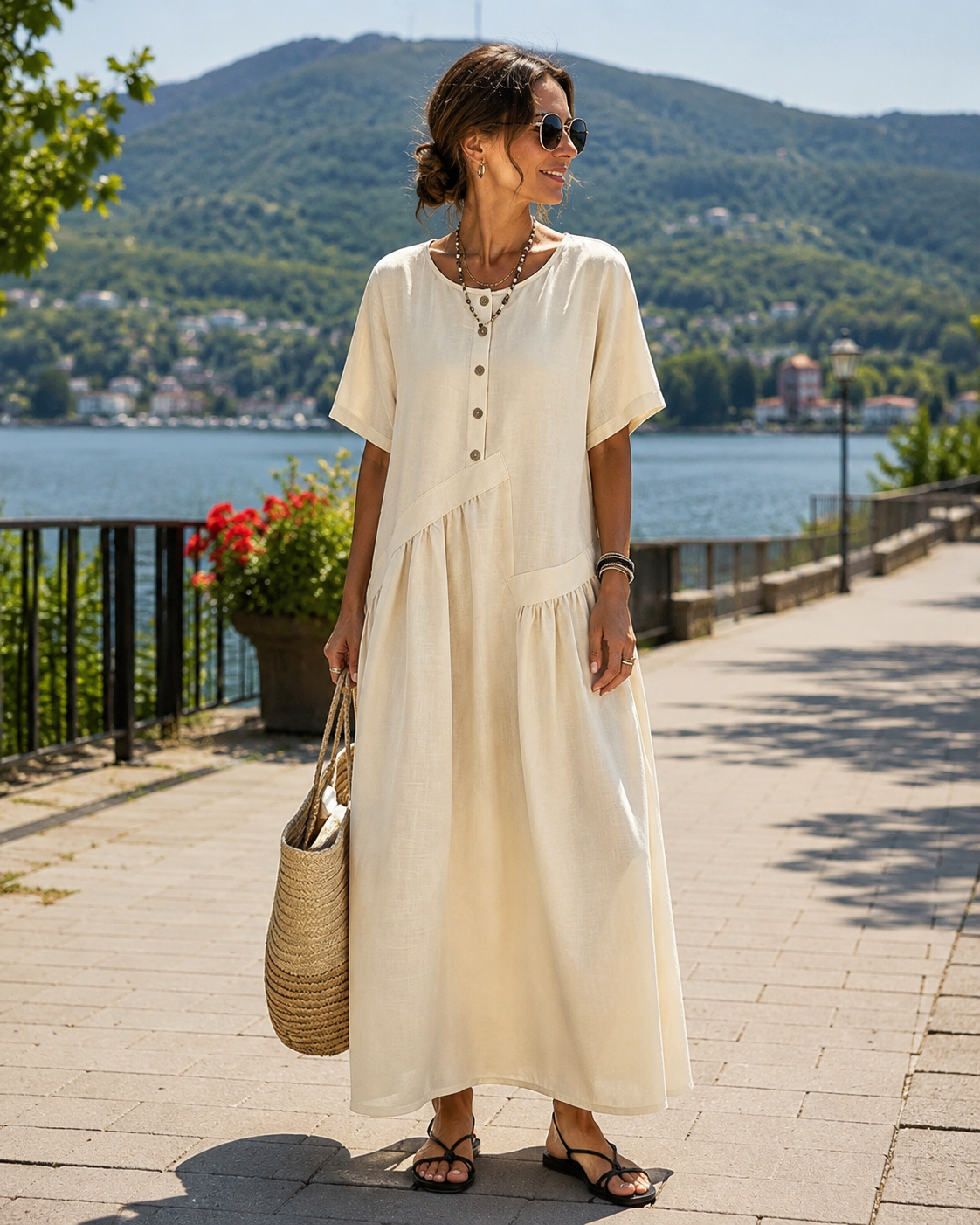MAISON CHÉRIE | Vestido maxi mujer con botones efecto algodón-lino